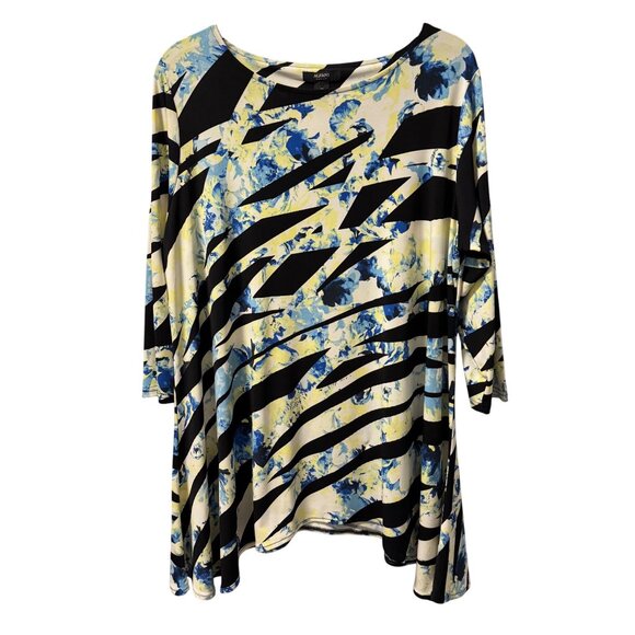 Alfani Woman Abstract Floral & Stripe Tunic Top 3/4 Sleeve Blouse Sz 1X Yellow/B - Picture 1 of 12